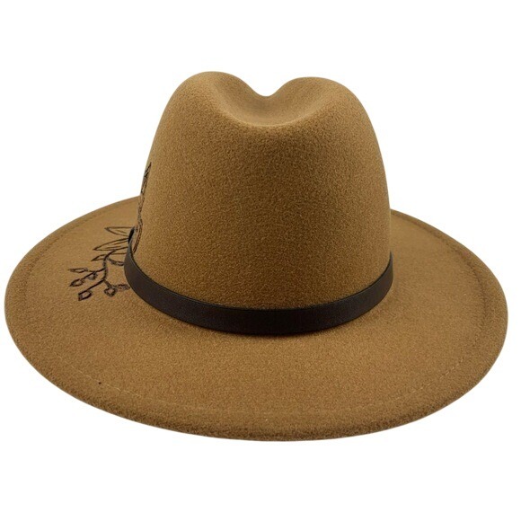 Fedora Hat Burned Sunflower Design Tan Wide-Brimmed Poly/Wool Blend‎ One Size - Picture 4 of 11